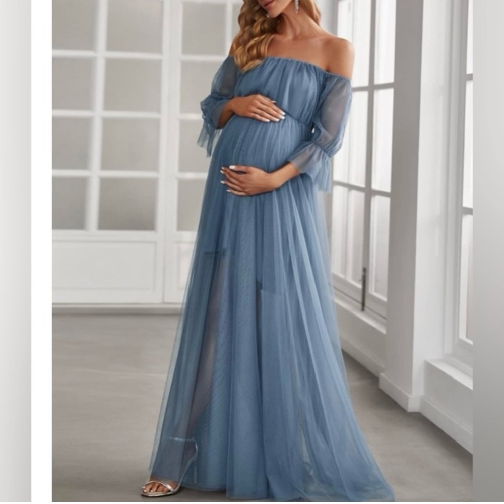 Elegant Off-Shoulder Maternity Gown in Blue
